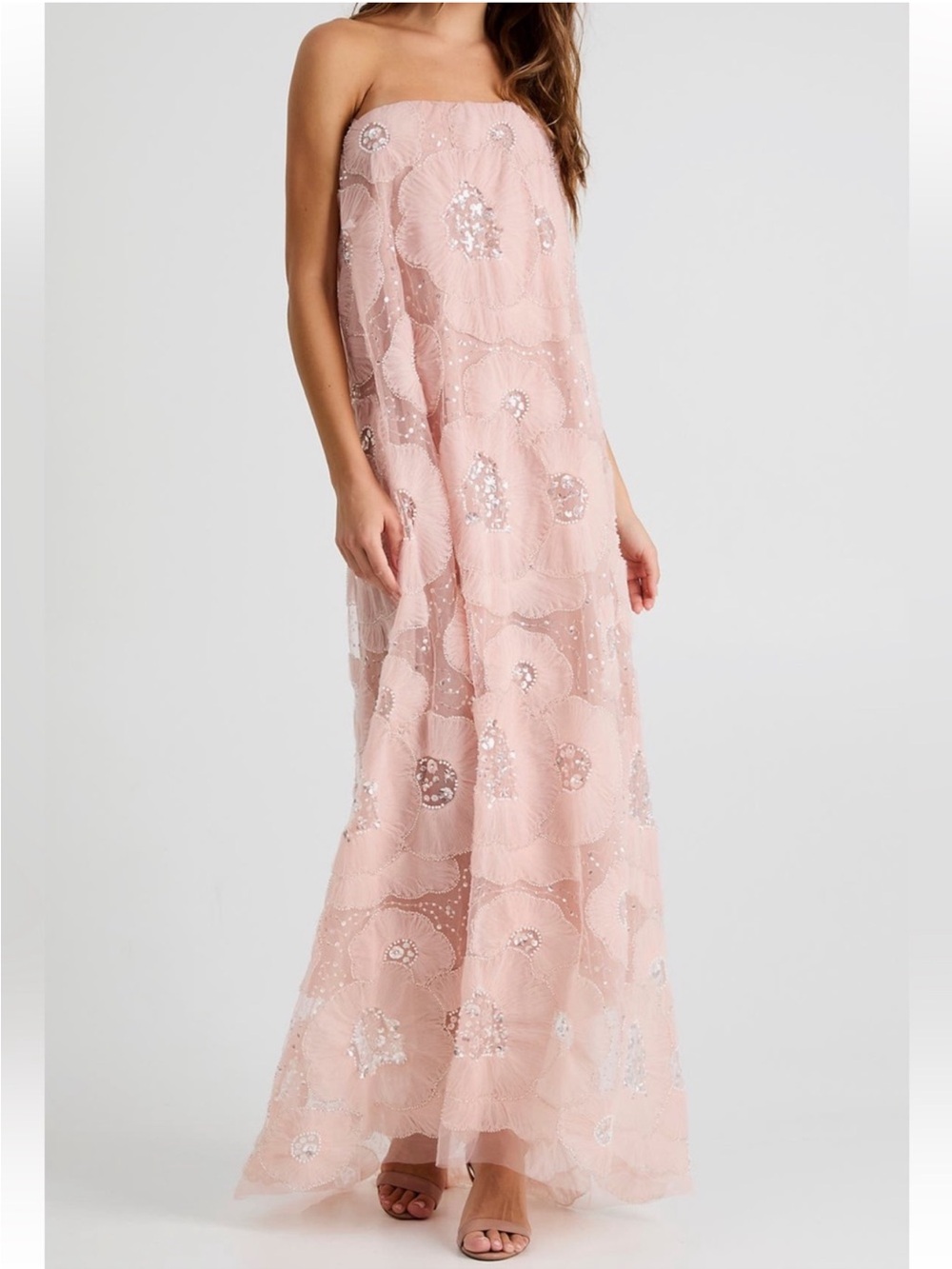 HELSI Margot Strapless Bead Appliqué Strapless Gown Maxi Dress Pink Pearl